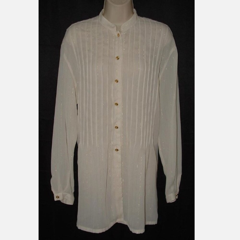 LIKE NEW Sparkly Ivory Sz 8 Blouse Pintucked Semi Sheer Oversized Tunic Shirt